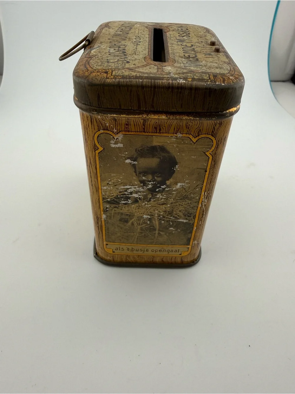 Antique Dutch St Joseph Mission Tin Charity Collection Box Bank 1920s 1930s
